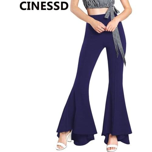 CINESSD Women Solid Casual Flare Pants Black High Waist Loose Long Trousers Navy Blue 2020 Fashion Lady Pleated Elastic Pants