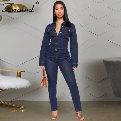 Znaiml Fashion Denim Jumpsuit For Women Turndown Collar Long Sleeve Single-Breasted Sexy Bodysuit Overalls Mom Jeans Rompers