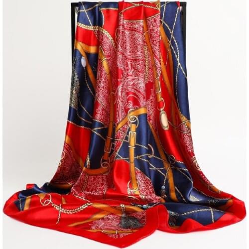 Lady Chain 90cm*90cm Square Scarf Hair Band Women Head Scaries Print 2021 Design Summer Silk Satin Kerchief Shawl Hijab Bandana