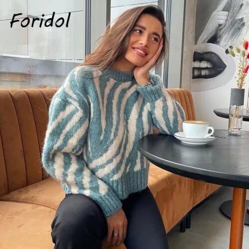 Foridol Zebra Printed Green Casual Pull Femme Winter New Women Clothing Oversize Basic Sweater Jersey Suter Mujer 2021 Vintage