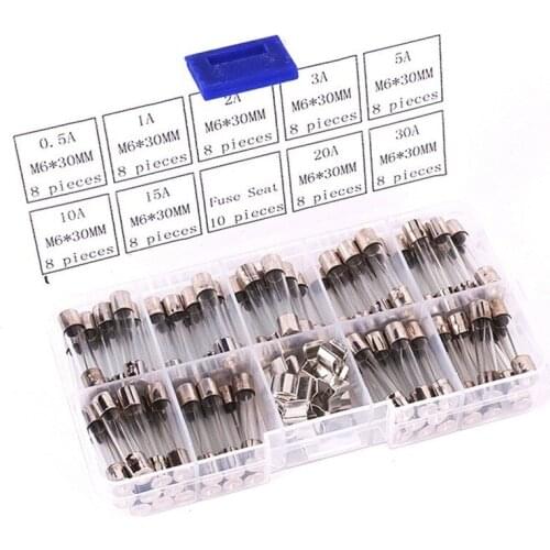1box 72Pcs 6*30MM Car Fast-blow Glass Fuses Assorted Kits 0.5A 1A 2A 3A 5A 10A 15A 20A 30A Fast-blow Glass Home Fuses with box