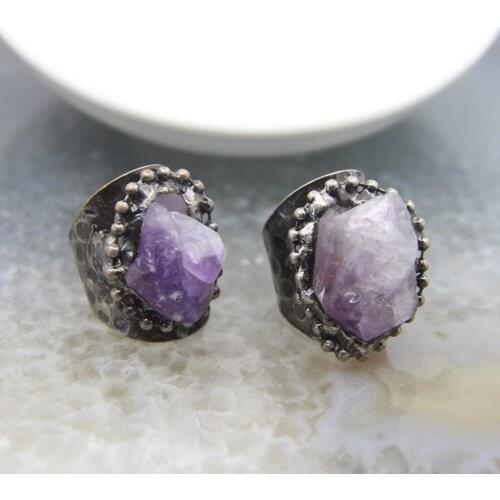 1pcs,Natural Amethyst Geode Nugget Adjustable Purple Quartz Drusy Crystal Open Rings Charms For Womans Fashion Gift Jewelry