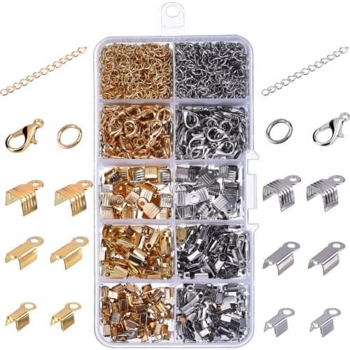1000 Pieces/1 set DIY Jewelry Findings Kit Iron Fold Over Cord Ends Lobster Claw Clasps Jump Rings Extension Chains