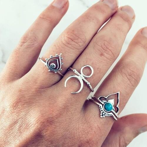 4 Pcs/Set Retro Female Rings Hollow Drops Moon Crown Crystal Geometry Joint Silver Color Ring Set Women Glamour Clothing s