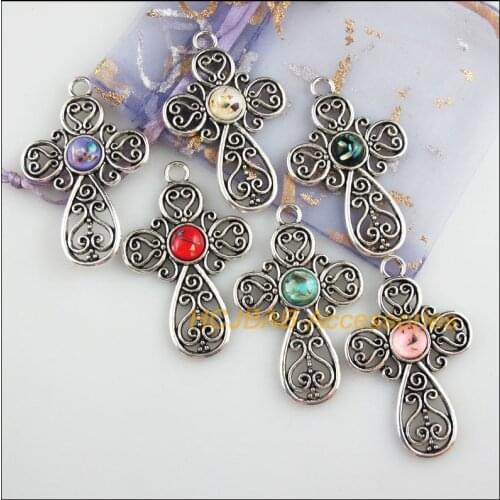 6 New Flower Cross Charms Tibetan Silver Tone Retro Mixed Resin Pendants 31x48mm