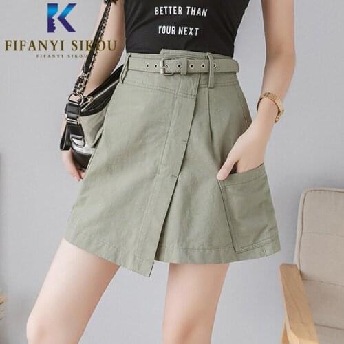Summer High waist Skirt Women Fashion Pocket Asymmetry Mini Skirt High quality Female Loose Plus Size A-Line Skirts With Belt