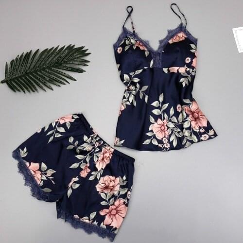 2pcs/set Fashion Women Printed Silk Home Service Ladies Underwear Pajamas Nightdress Summer Suit