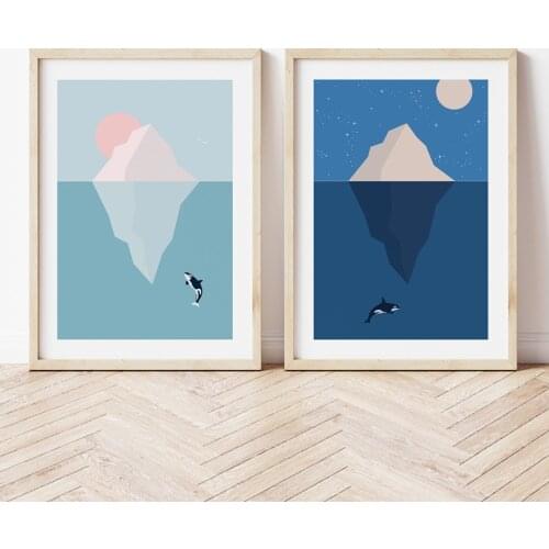 Cartoon Landscape Iceberg Whale Sunrise Sunset Wall Art Print paper Canvas Painting Nordic Poster Decor Pictures For Living Room