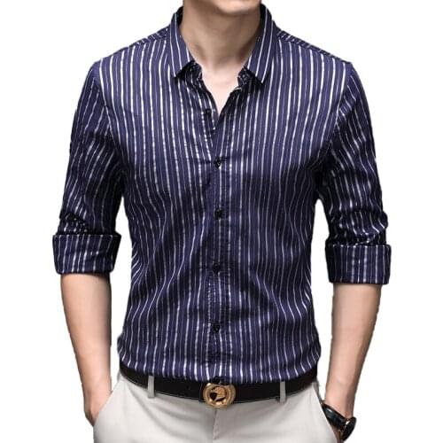 Mens Silk and satin Business Casual Shirt Men Long Sleeve Stripe Shirts Fashio Print Soft Comfortable Slim Fit Style
