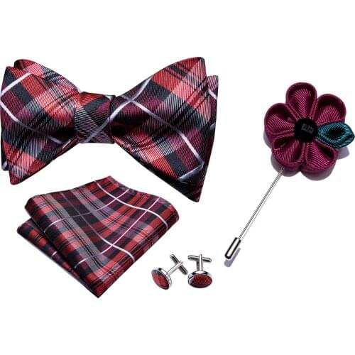 Mens Plaid Silk Self-Bowties Pocket Square Cufflinks Boutonniere Set Designer Bow Tie For Men Wedding Party Barry.Wang LH-1010