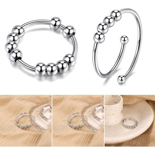 Anti Anxiety Ring Set Fidget Open Ring with Beads Decor Adjustable Copper Finger Jewelry Spinner Rings for Anxiety LXH