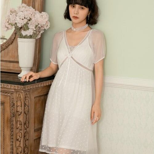 Embroidery Lace Peignoir Night Dress Women Sexy Nightie Mesh Cutout Fairy Sleepwear Victorian Vintage White Nightgowns Nightwear