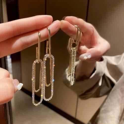 2021 new fashion personality advanced sense metal elliptical belt diamond long sense earrings French earrings pendant women