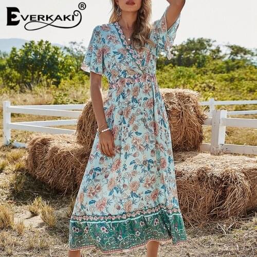 Everkaki Bohemian Floral Print Long Dresses Women Summer Beach Vacation Green Boho Shirt Midi Dress Flower Female 2021 Mujer