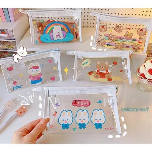 Kawaii Bear Clear Pencil Bag Big Capacity Makeup Pouch Waterproof Pencil Cases Storage Bag Cute Girl Gift School Stationery
