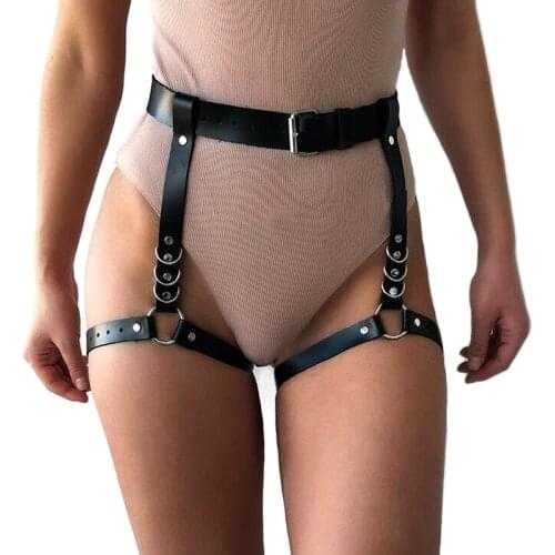 Sexy Women Leather Belt Body Bondage Waist Belt to Leg Harness Harajuku Gothic Femme Leg Ring Body Straps Appeal Accessories