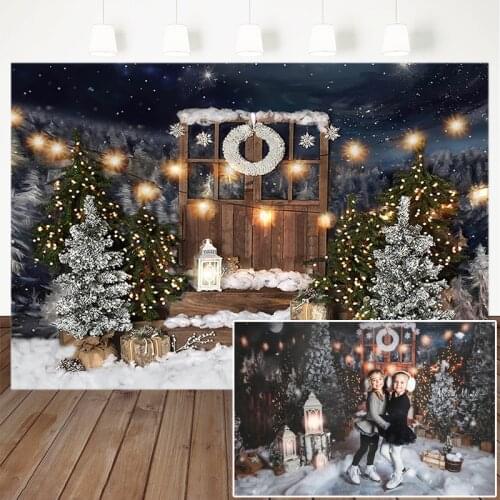Christmas Photography Background Christmas Tree Wooden Door Warm Light Snowfield Backdrop Party Decoration Props Photo Studio