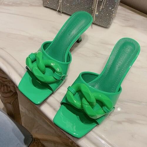 2021 Green Thin High Heel Slipper Open Toe Casual Dress Pumps Women Summer Sandal Shoes Female Fashion Brand Buckle Slide Ladies