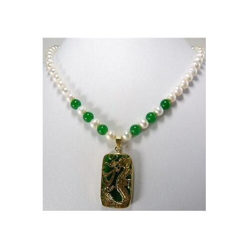 Silver set green jade Dragon Phoenix Pendant Necklace fine jewelry