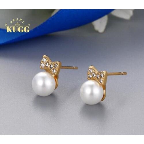 KUGG PEARL 14k Gold Filled Earrings Natural Freshwater White Pearl Earrings Handmade Jewelry Stud Earrings Bow-knot Design