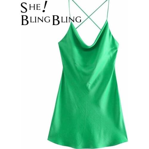 SheBlingBling 2021 Summer Green Satin Slip Party Dress Sleeveless Draped Collar Cross Back Thin Strap Women Mini Robe Traf Dress