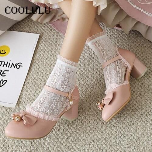 COOLULU Lolita Shoes Women Two Piece Med Heels Bow Thick Heel Sweet Pumps Buckle Dress Footwear Ladies Spring Beige Plus Size 43