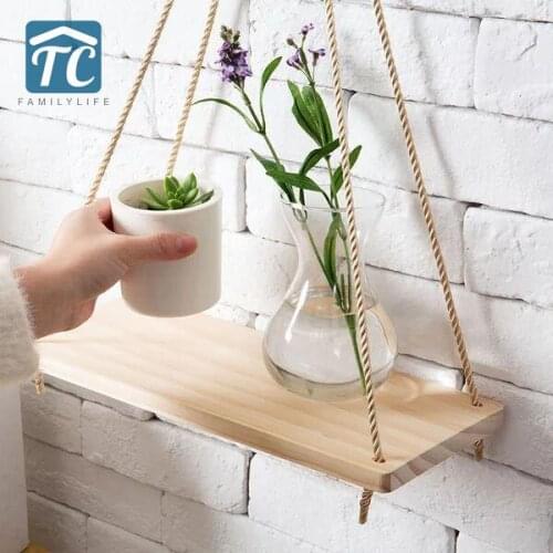 Sling Rope Solid Wood Wall Decoration Nordic Simple Storage Rack Flower Pot Hanging Plate Racks