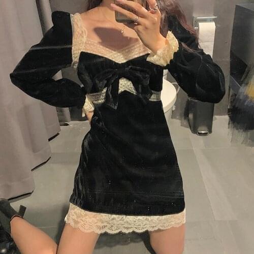 Victorian Vintage Black Gothic Lolita Dress Women Japanese Lace Patchwork Velvet Mini Dress Girl Chic Bow Long Sleeve Punk Dress