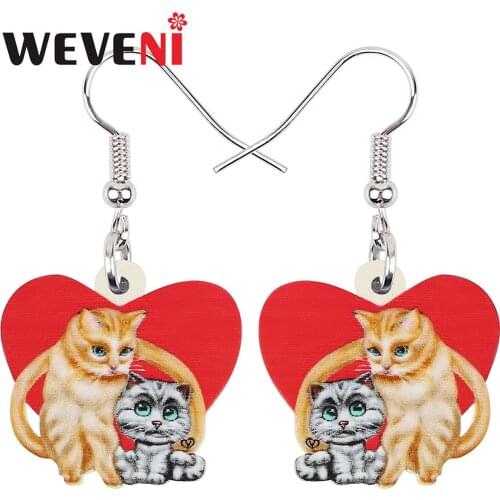 WEVENI Mothers Day Acrylic Sweet Heart Shape Cat Kitten Earrings Long Drop Dangle Fashion Charm Gifts Party Jewelry For Women