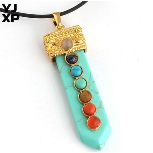 YJXP Vintage Gold Color Sword Shaped with Green Turquoises Round Beads 7 Chakra Reiki Healing Pendant Charms Jewelry Gift