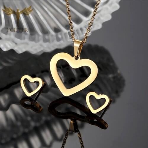 Romantic Lovers' Jewelry Sets Stainless Steel Women Set Love Heart Pendant Stud Earrings Bride Bridesmaid Accessories