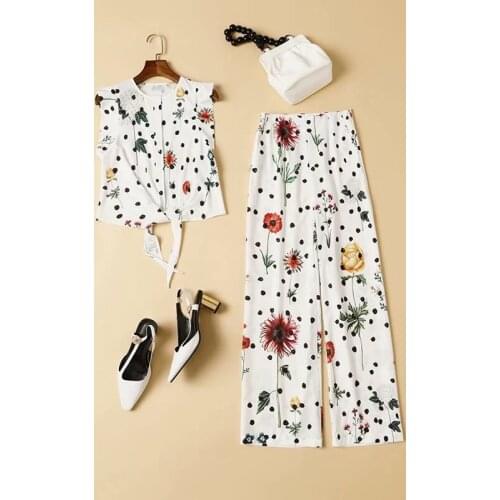 European and American womens clothing new 2021 spring Sleeveless floral print shirt Wide-legged pants Fashion suits