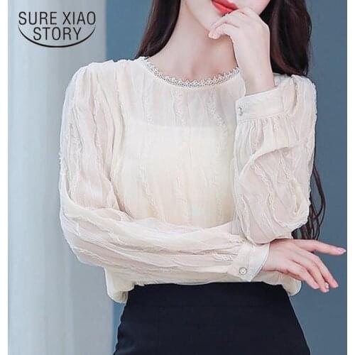 Vintage Women Blouse Lace Shirt Woman Autumn Long Sleeve Chiffon Blouse Office Lady Korean Tops Solid Chic Mesh Pullover 10932