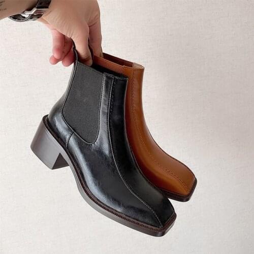 Women ankle Boots Cowhide natural leather plus size women shoes Europe and America Square head chunky heel Chelsea boots