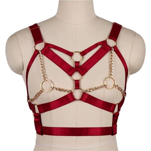 Wine Red Harness Bra Top Punk Gothic Chain Gold Sexy Lingerie Belts Strappy Chest Cage Women Body Bondage Plus Size Hollow Out