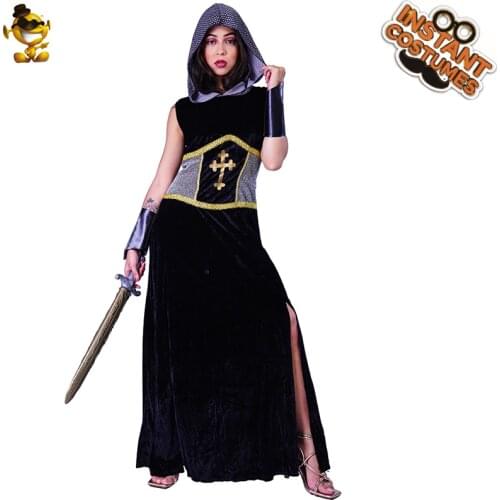 Women Medieval Knight Costume Fancy Dress Long Black Dress Cosplay Lady Warrior Costumes Adult Halloween Party