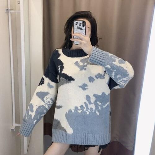 Women Pullover Autumn Winter Warm Pullover Tunic Contrast Color Knit O-neck Jumper Top Fashion-sweater Print Casual Sweater