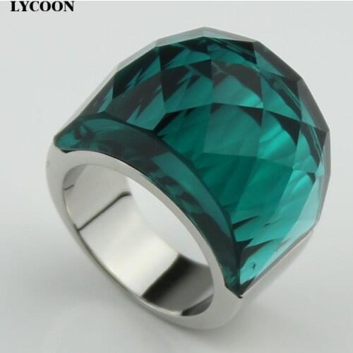 LYCOON high quality 316L stainless steel wedding Jewelry big crystal ring transparent Austrian green crystal rings for women