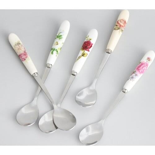 1Pcs Luxury Retro Ceramics Coffee Spoon Stainless Steel Ice Cream Dessert Rose Flowers Pattern Scoop Household Kitchen Supply