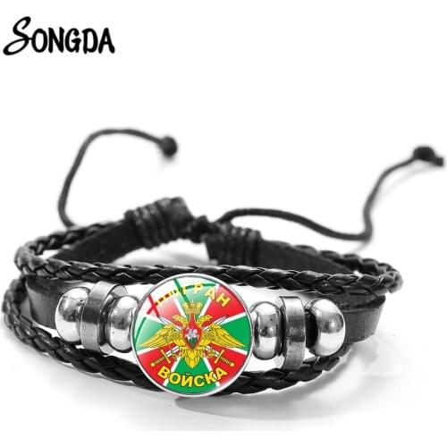 Retro Russia Border Troops Handwoven Rope Bracelet Eagle and Sword Symbol Glass Cabochon Snap Button Multilayer Leather Bracelet
