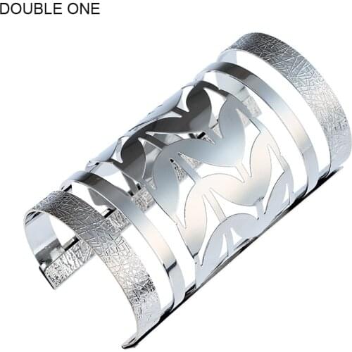 DOUBLE ONE 2017 Fashion Jewelry Punk Gold Silver Hollow Pattern Metal Wide Cuff Bracelet For Women Bangles