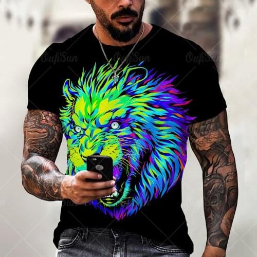 Short-sleeved T-shirt 2021 New Plus Size Lion Head Print Pattern Mens Clothes Compassionate 3 D Process