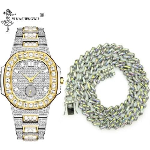 Hip Hop Gold Color Iced Out 24Inch Paved Rhinestones Geometric Square Necklaces & Watch CZ Bling Cuban Chain Men Rapper Jewelry