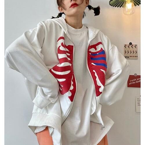 Zip-up Y2K Harajuku Anime Gothic Hoodies Korean Style Loose Skull Print Goth Grunge Long-sleeved Hooded Coat Solid Color Retro