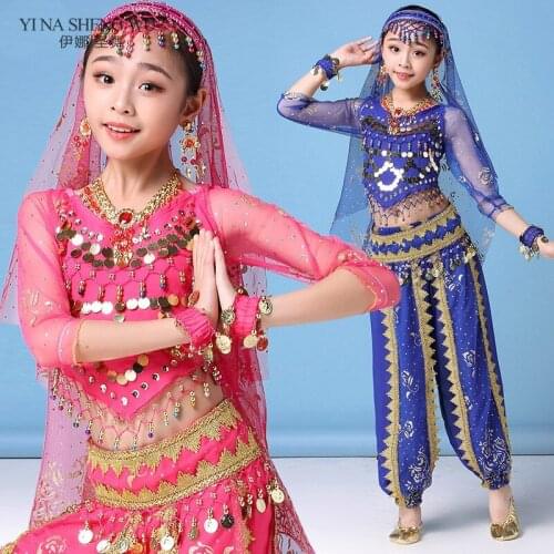 4 Colors Belly Dance Costume Set For Girls Kids Indian Dance Children Bollywood Dance Clothing Performance Oriental Dance Wear