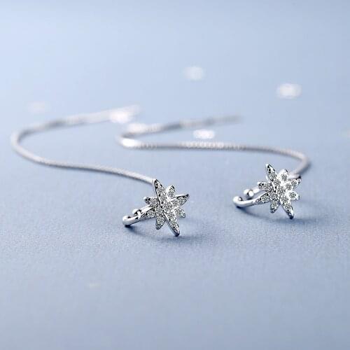 Fashion Star Ear Cuff Non Pierced Micro Pave CZ Zircon Long Ear Wire Chain Clip Earring for Women 925 Sterling Silver Jewelry