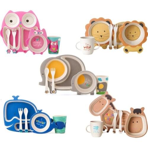 5Pcs/set Eco-friendly Bamboo Fiber Baby Plate Dishes Children Tableware Set Dinnerware Creative Feeding Bowl Separation Plate