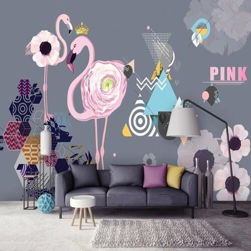 Custom Any Size 3D Mural Wallpaper Nordic pink Flamingo Geometric Figures Photo Wall Painting Childrens room Living Room Decor