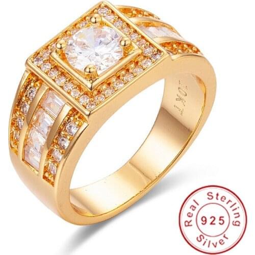 Real Solid 925 silver Wedding Rings for Men Luxury jewelry Round cut 1.2ct Simulated Diamond Ring 10K gold Plated US Size 8-13