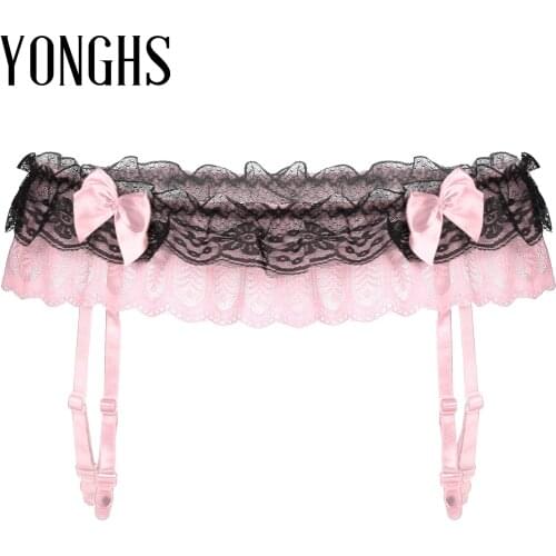 Lingerie Sissy Lace Garter Belt for Stockings Mens Double Layers Bowknot Elastic Waistband Suspenders Erotic Sissy Nightwear